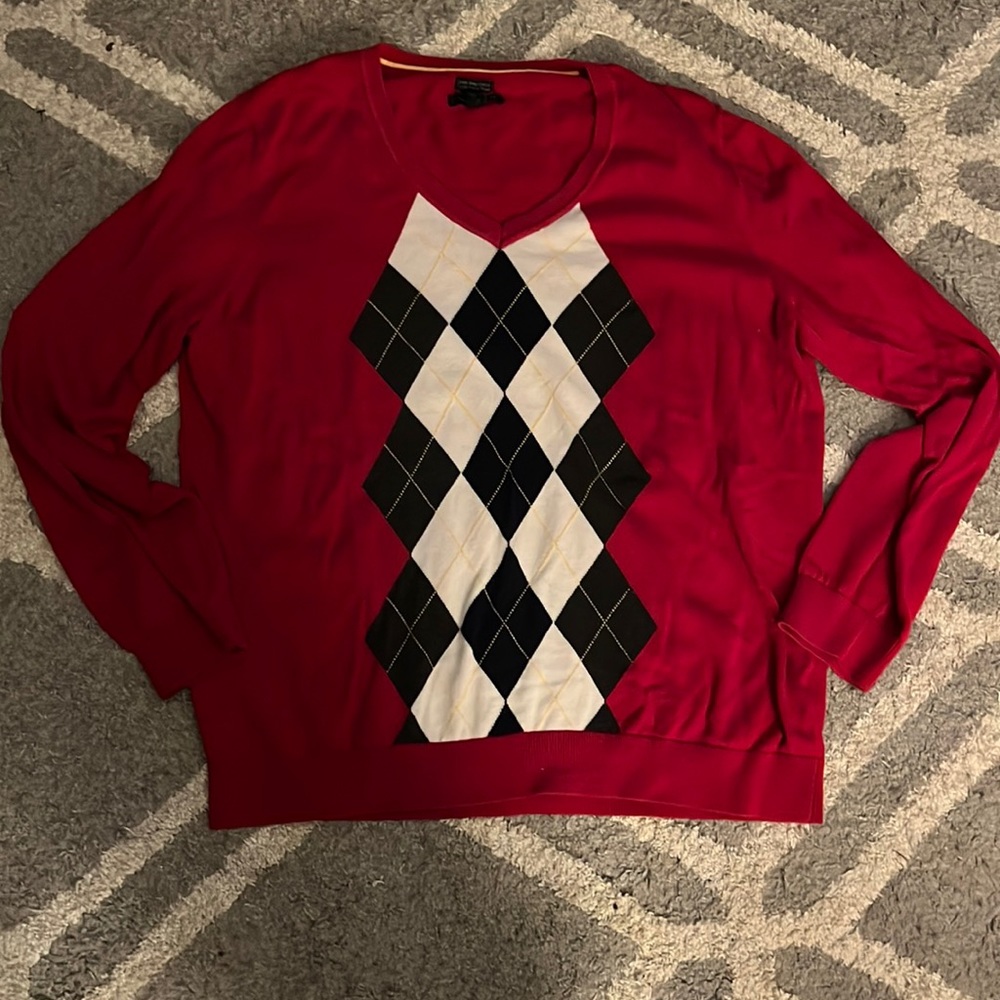 Super cute red sweater with argyle patern